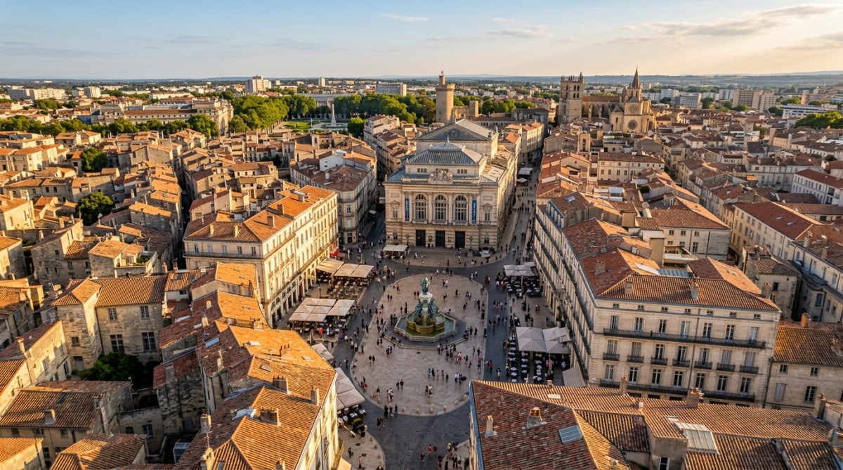 Vue aérienne du centre-ville de Montpellier en été