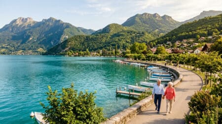 Vue aérienne du lac d'Annecy avec couple de seniors