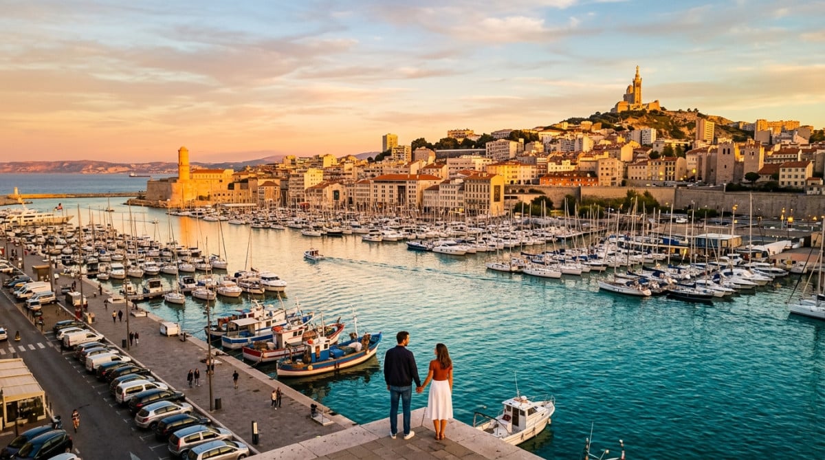 Vue aérienne du Vieux-Port de Marseille au coucher du soleil