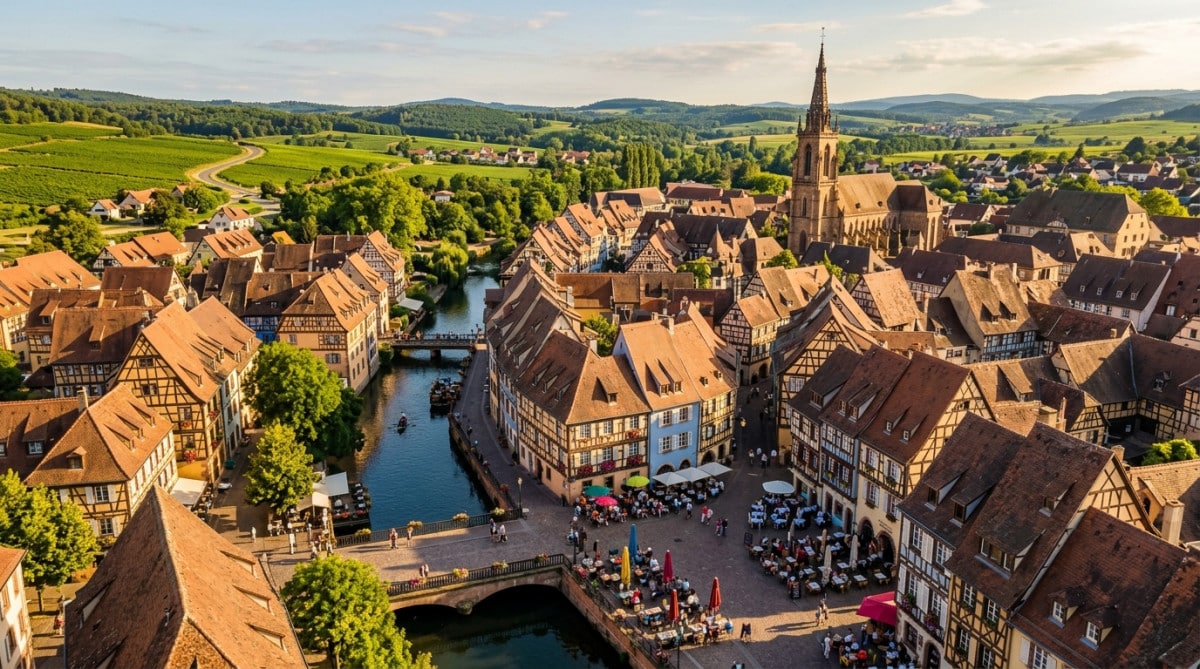 Vue aérienne d'un centre-ville français aux maisons anciennes