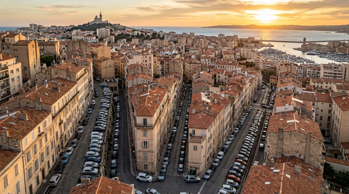 Vue aérienne d'une ville dense du Sud avec voitures garées