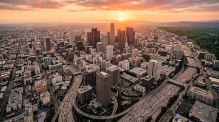 Vue aérienne d'une ville dense en béton au coucher du soleil
