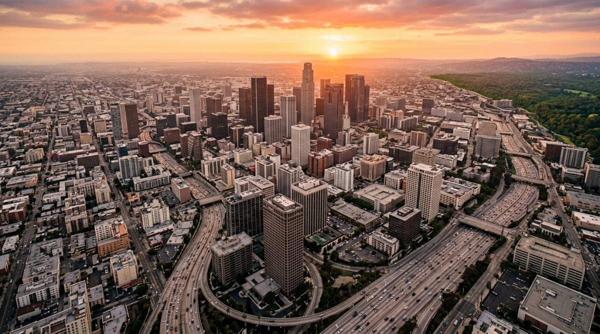 Vue aérienne d'une ville dense en béton au coucher du soleil