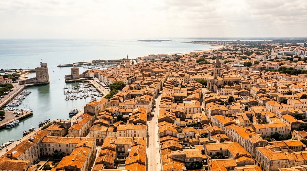 Vue aérienne d'une ville française sous un ciel brûlant