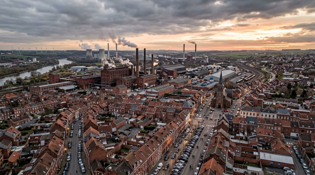 Vue aérienne d'une ville industrielle du nord de la France