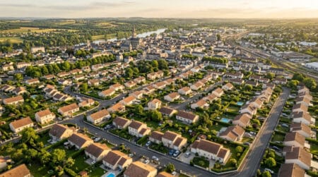Vue aérienne d'une ville moyenne française avec voitures garées
