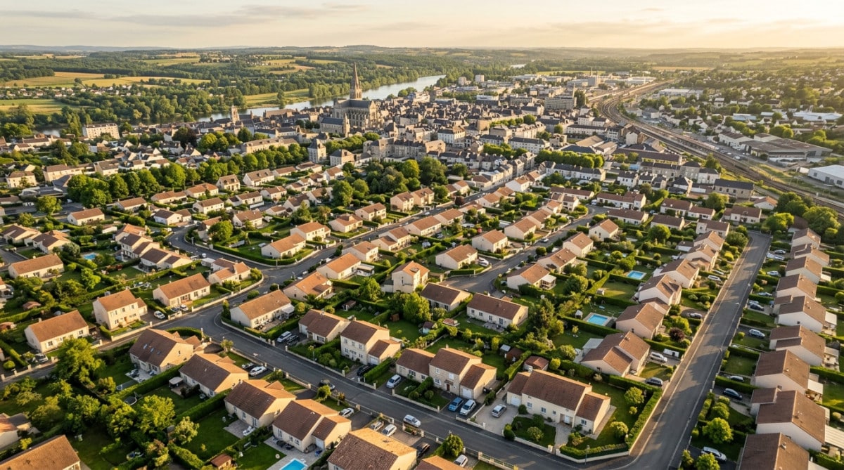 Vue aérienne d'une ville moyenne française avec voitures garées
