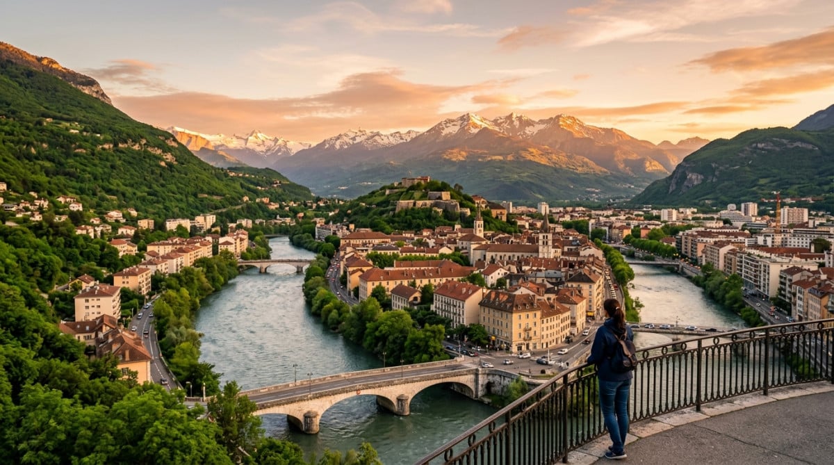Vue panoramique de Grenoble avec les Alpes et l'Isère