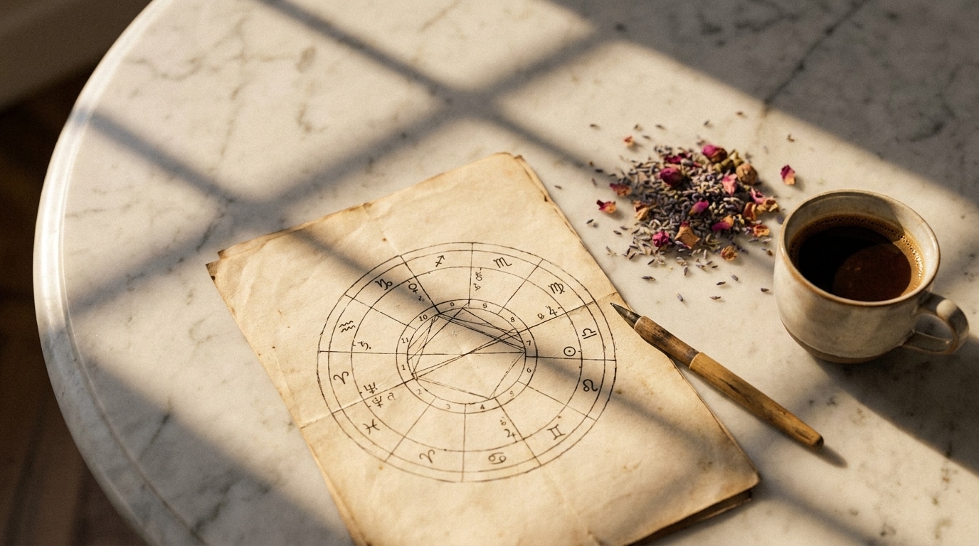 Carte astrologique ouverte sur une table avec café et fleurs
