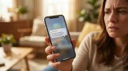 Main tenant un smartphone affichant un SMS suspect
