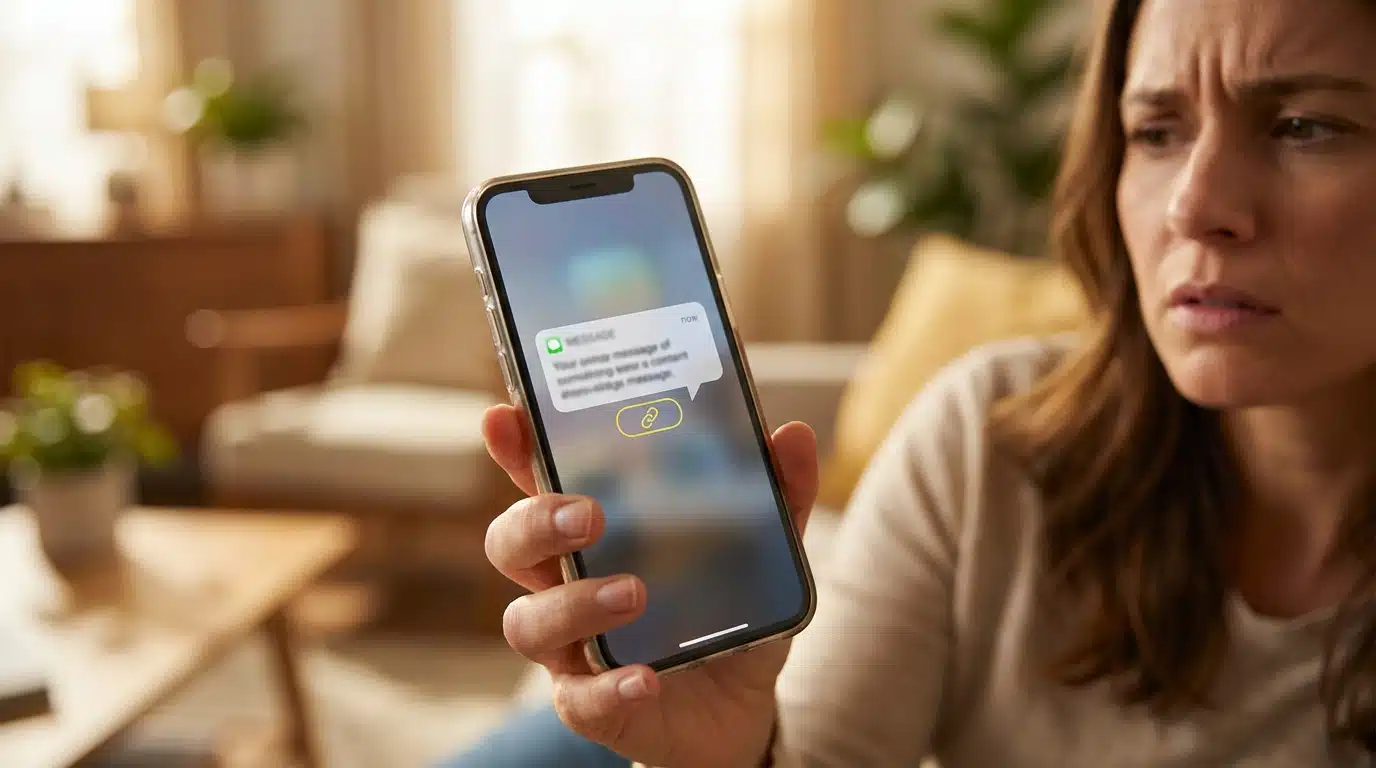 Main tenant un smartphone affichant un SMS suspect