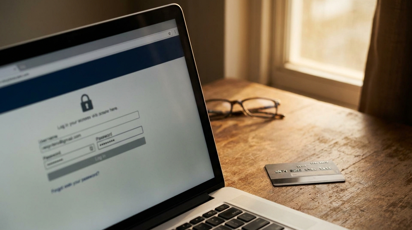 Écran d'ordinateur avec faux site bancaire et carte de crédit