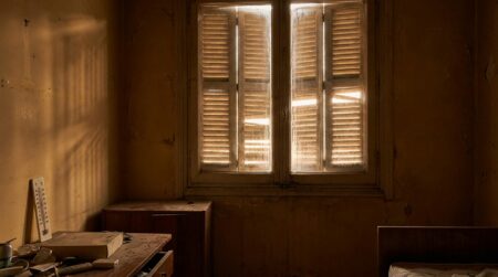 Fenêtre aux volets fermés dans un appartement surchauffé