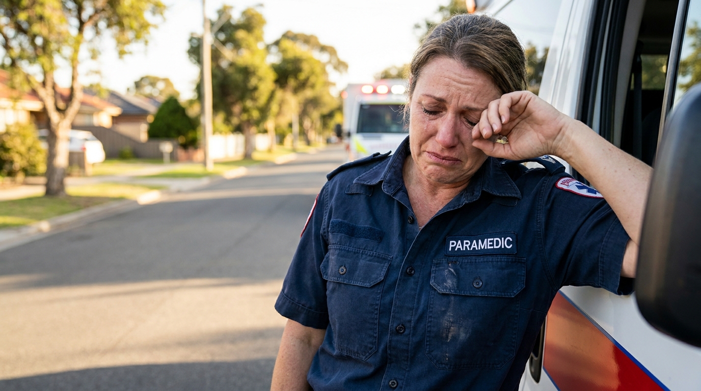 Ambulancière au visage marqué par l'émotion en intervention