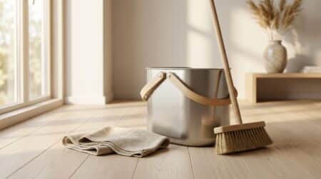 Seau design en métal et bois dans un intérieur minimaliste