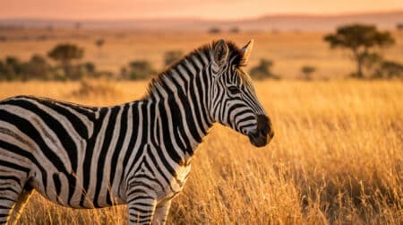 Zèbre dans la savane africaine au coucher du soleil
