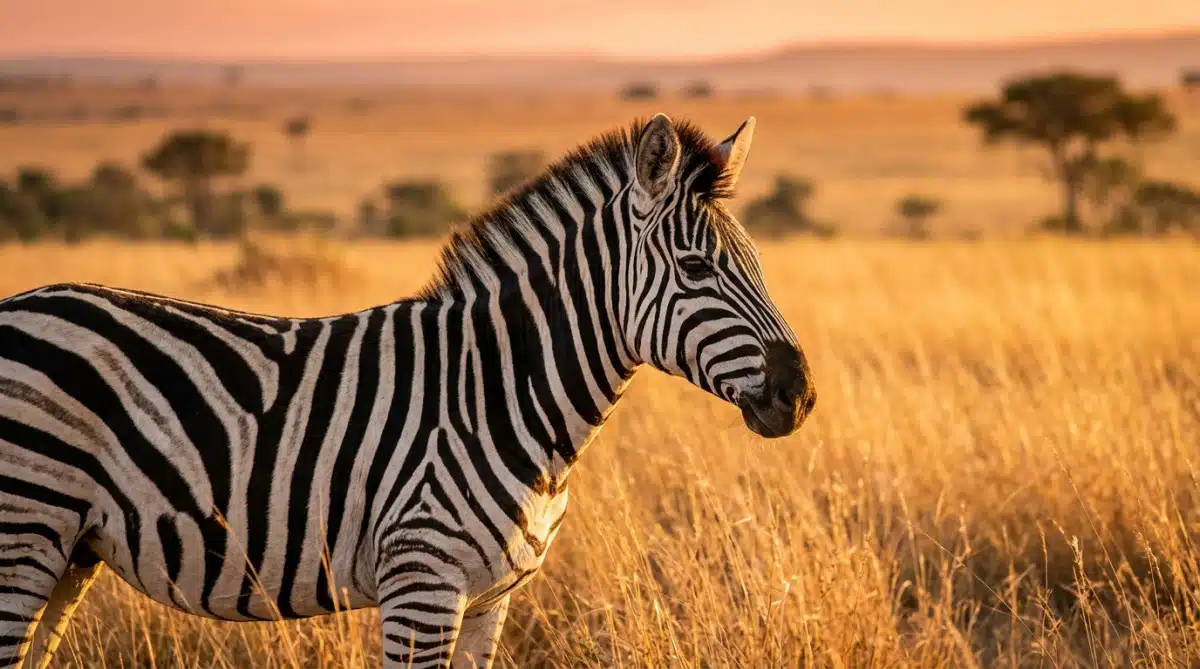 Zèbre dans la savane africaine au coucher du soleil