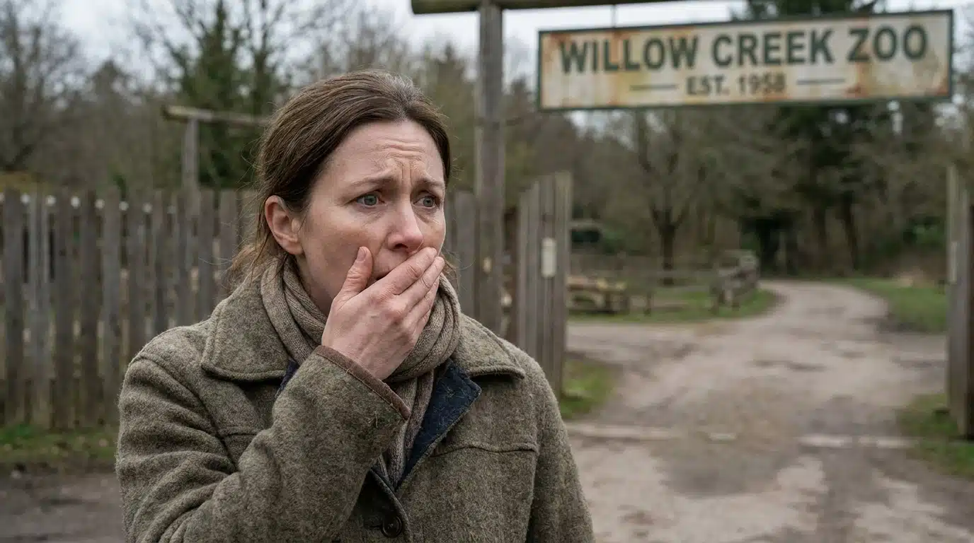 Femme choquée devant l'entrée d'un zoo rural