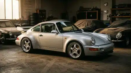 Porsche 911 Carrera RSR argentée dans un garage privé
