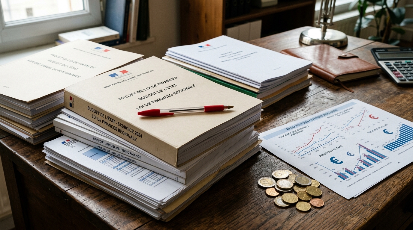 Documents budgétaires officiels et stylo rouge sur un bureau en bois