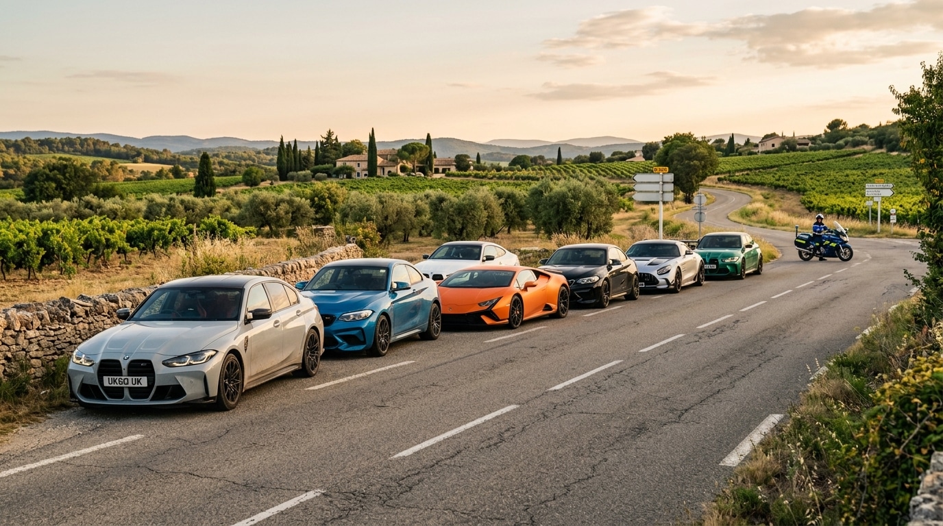 Convoi de voitures de sport britanniques sur route française