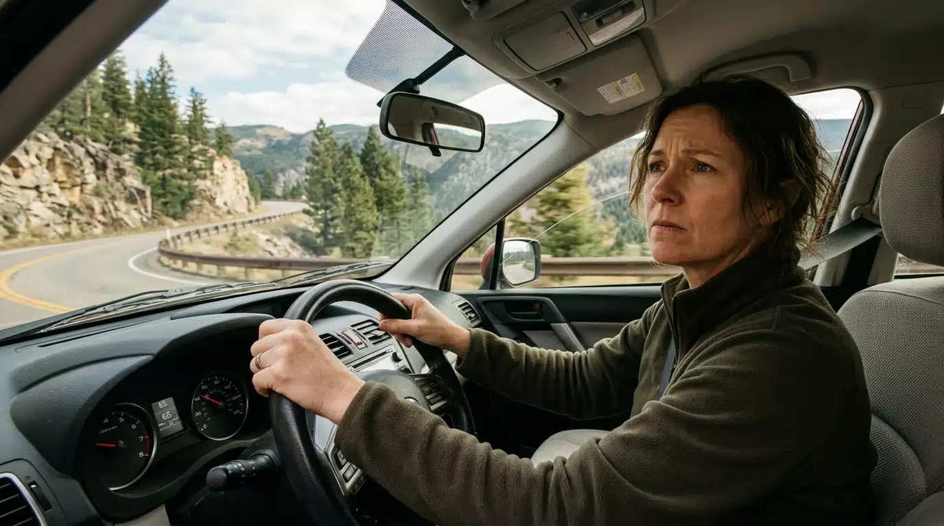 Automobiliste inquiet au volant regardant dans le rétroviseur