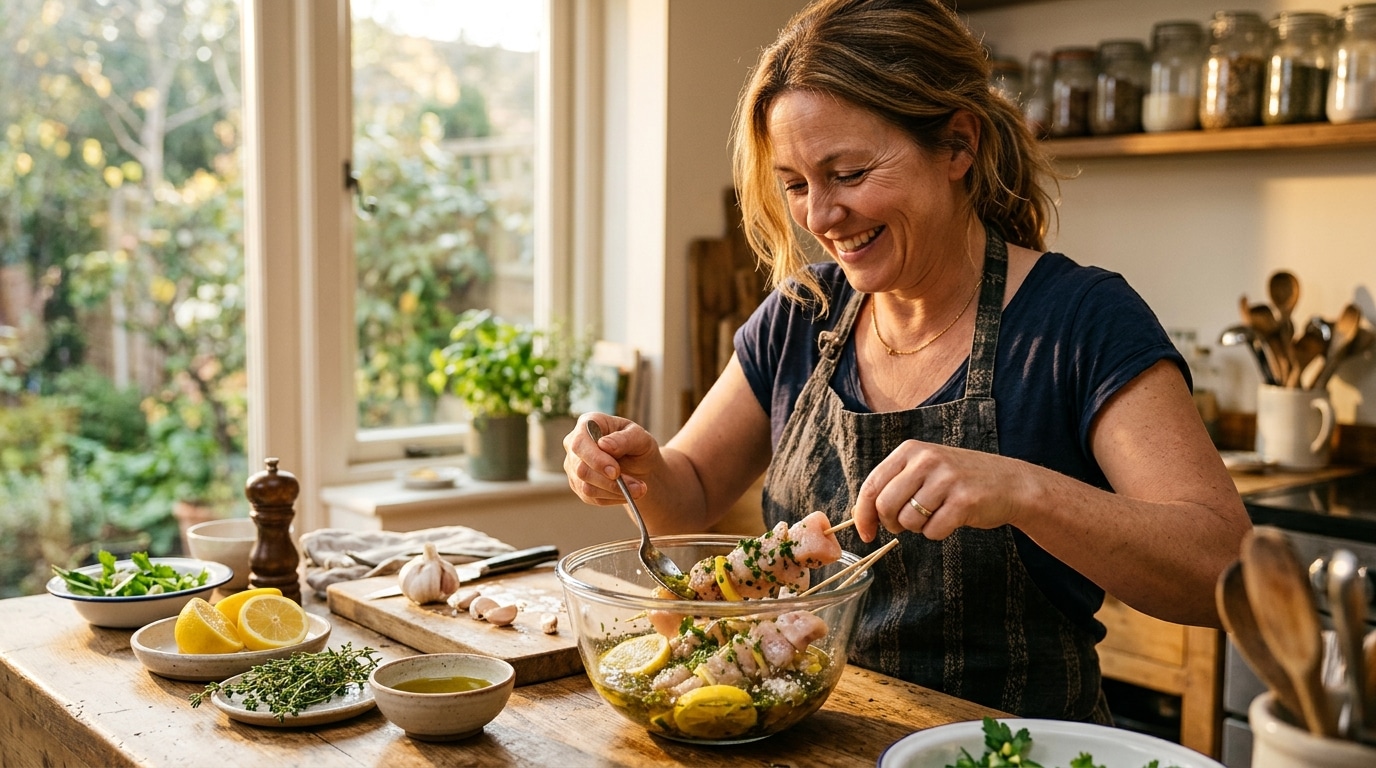 Femme préparant une marinade express pour barbecue