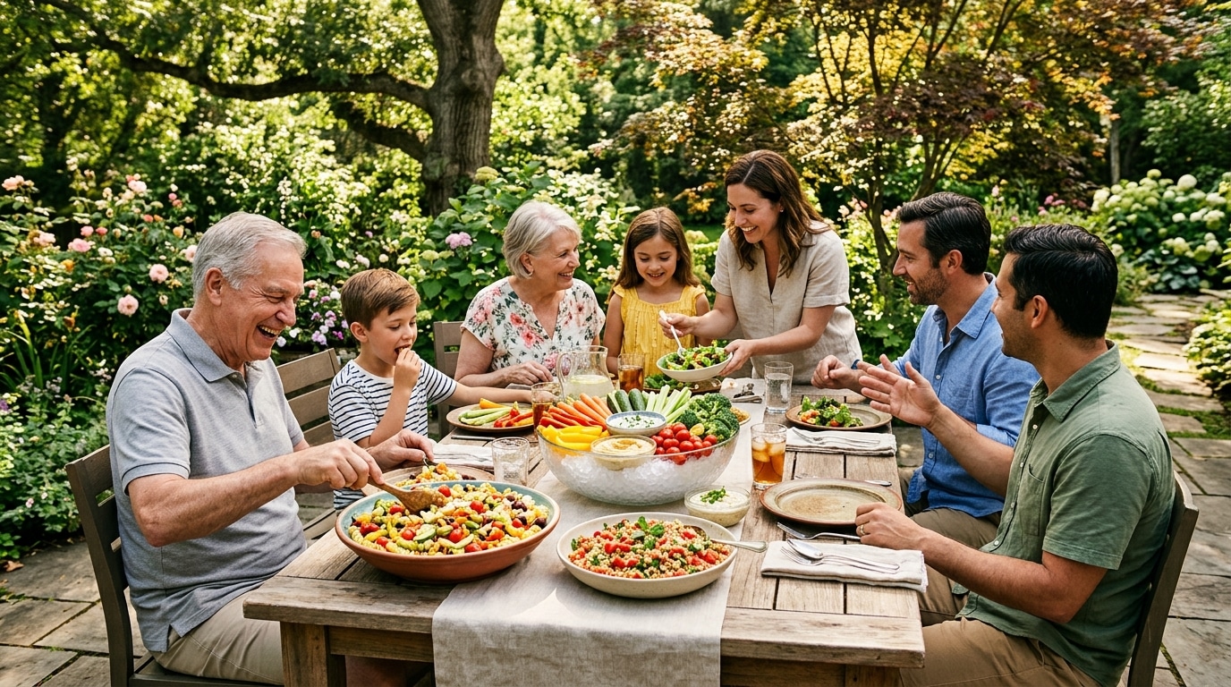 Table d'été avec salades fraîches et crudités sur glace