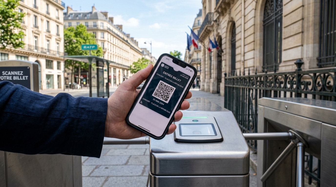 Smartphone affichant un QR code nominatif devant une barrière de sécurité métallique