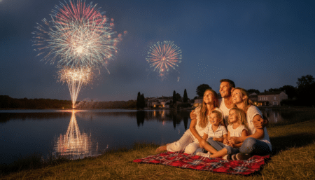 Famille regardant un feu d'artifice au bord d'un lac