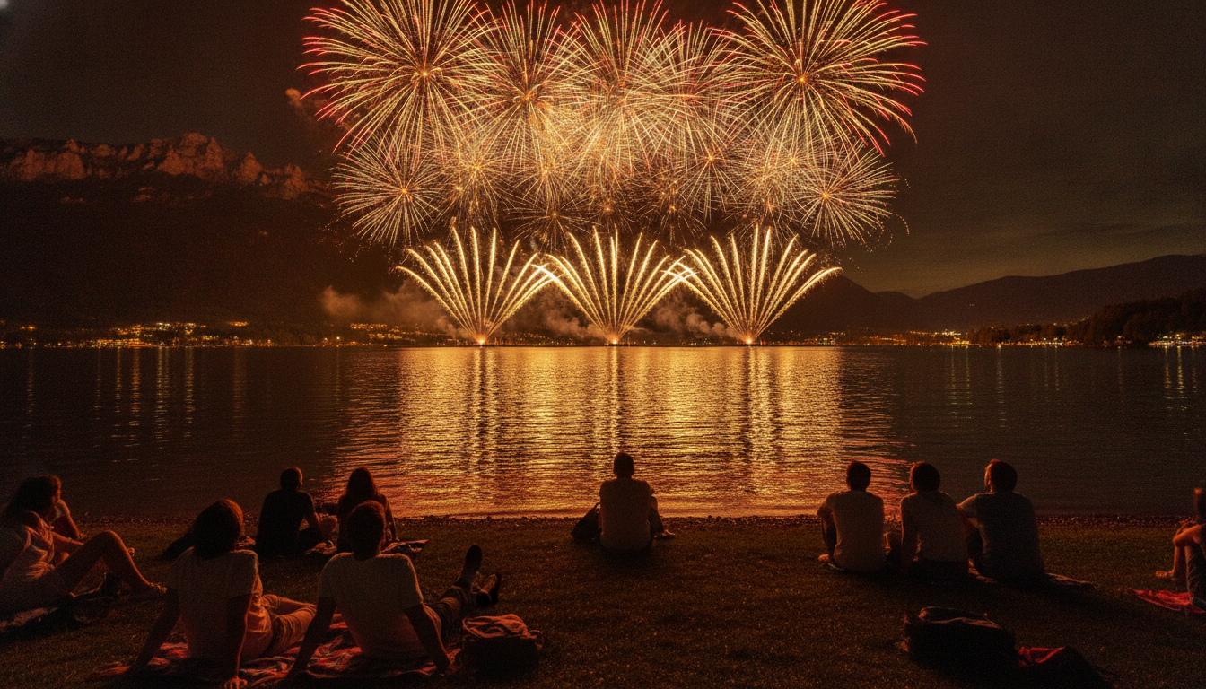 Feu d'artifice se reflétant sur le lac d'Annecy