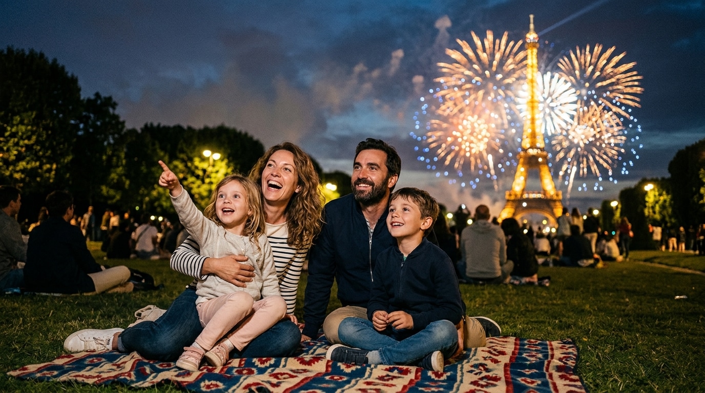 Famille regardant les feux d'artifice du 14 juillet