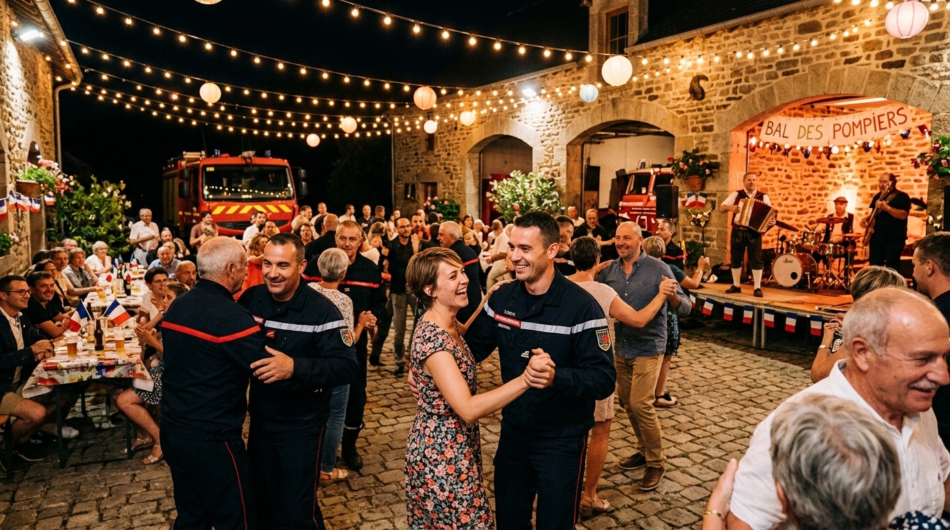 Bal des pompiers dans une caserne décorée de guirlandes