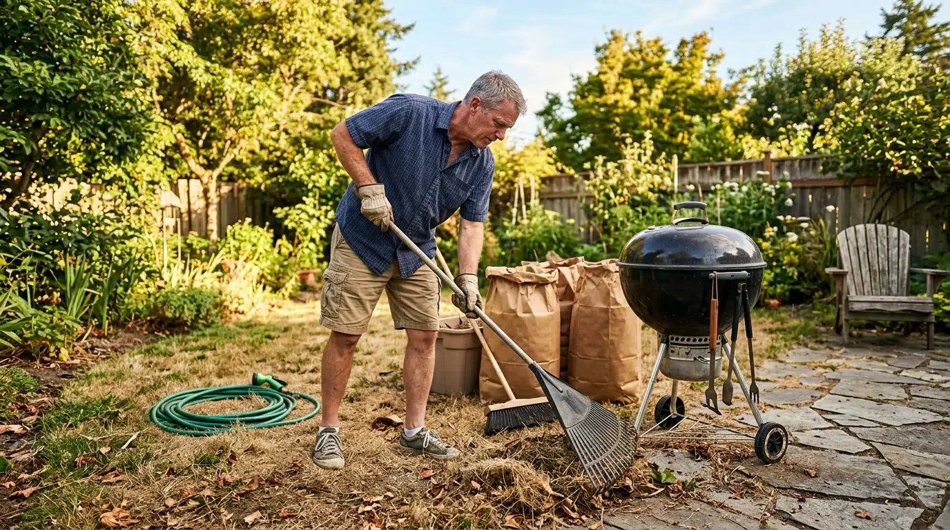 Homme dégageant l'herbe sèche autour d'un barbecue