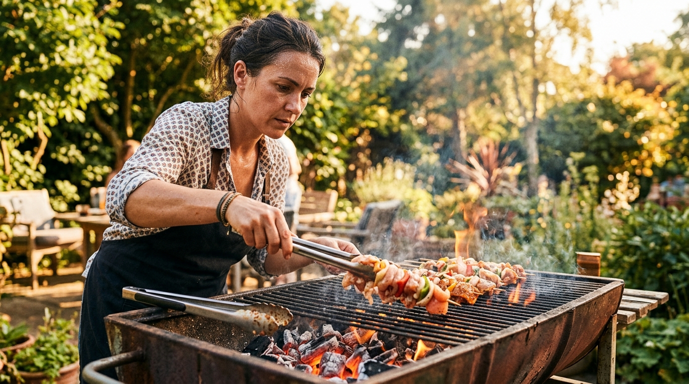 Femme faisant griller des brochettes en pleine chaleur
