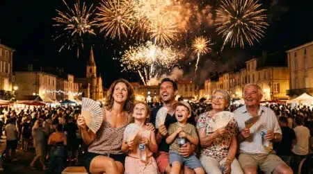 Famille regardant un feu d'artifice pendant la canicule
