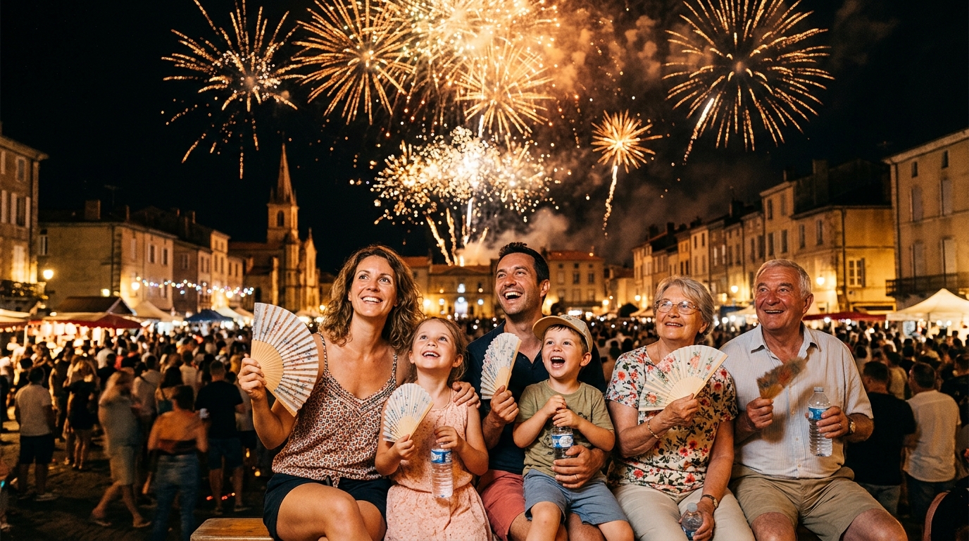 Famille regardant un feu d'artifice pendant la canicule