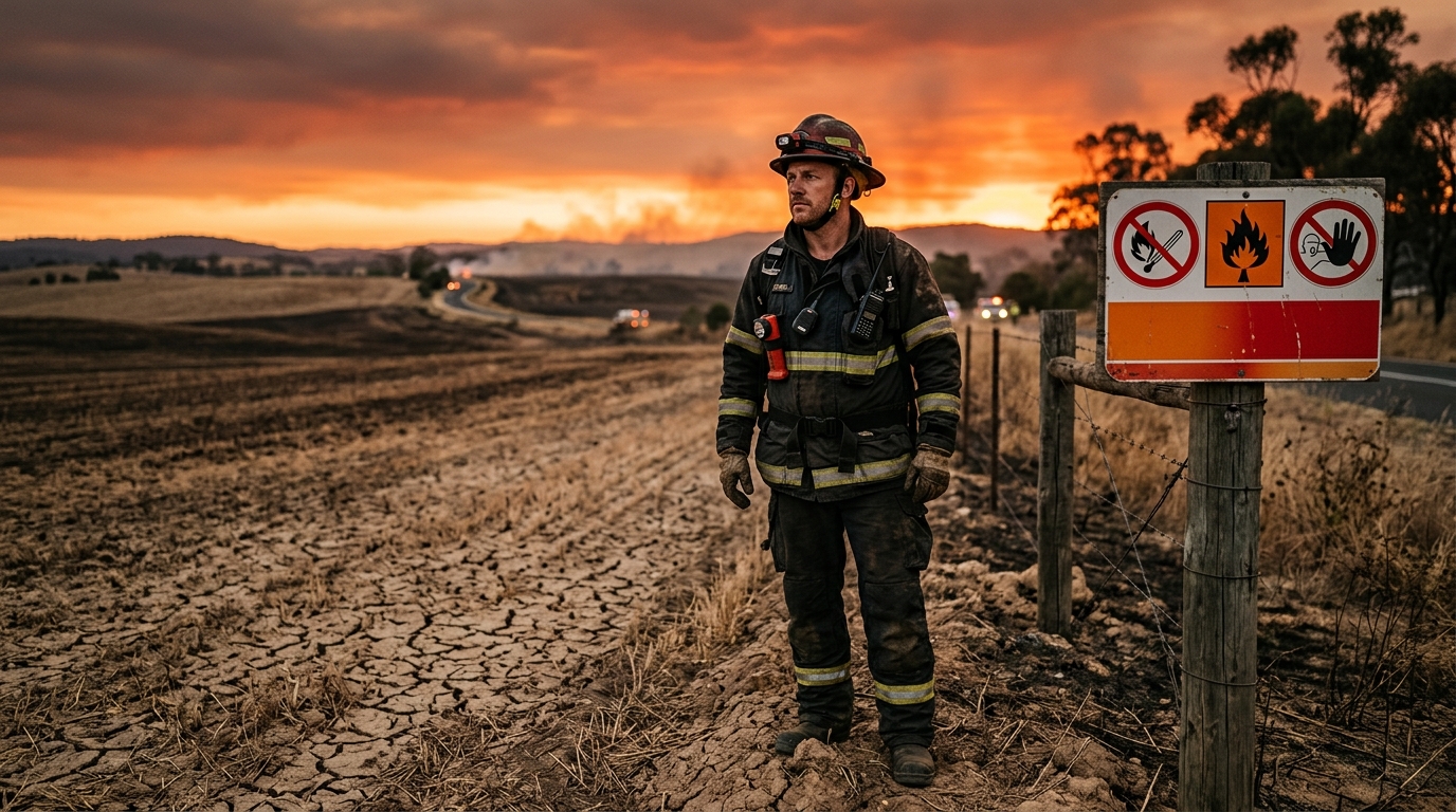 Pompier surveillant un terrain sec à risque d'incendie