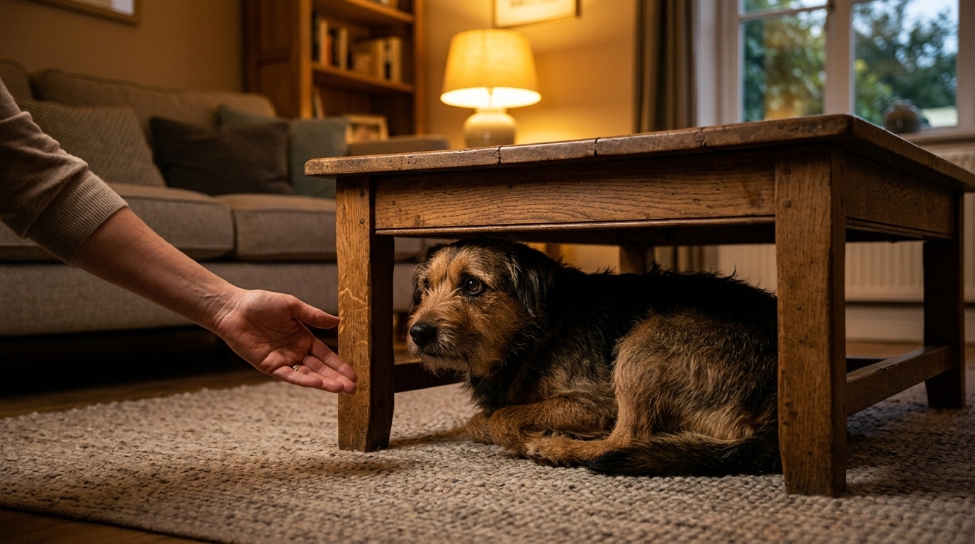 Chien tremblant caché sous une table par peur du bruit