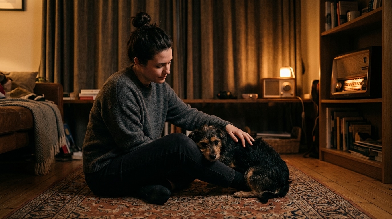 Propriétaire rassurant son chien anxieux dans le noir