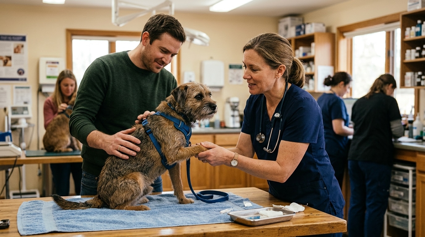 Vétérinaire examinant un chien stressé par les feux d'artifice