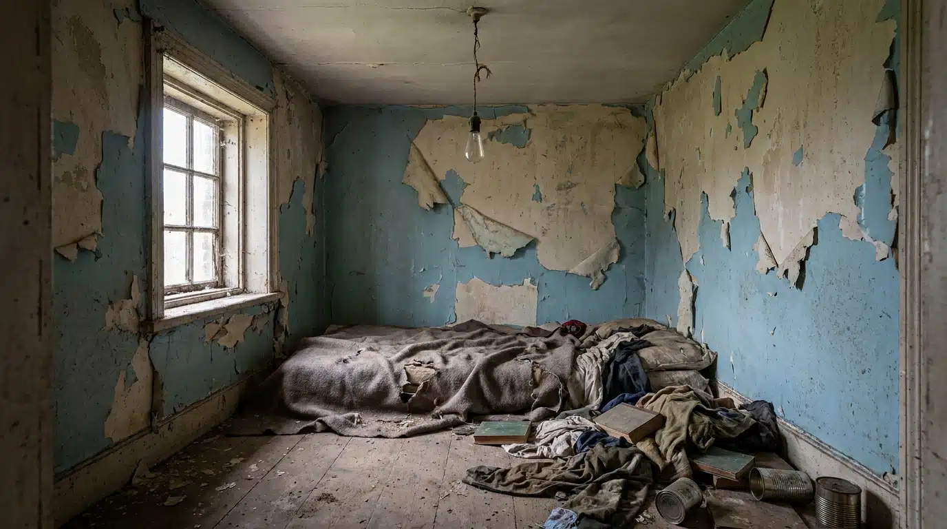 Pièce exiguë et insalubre avec murs abîmés