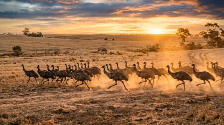 Émeus sauvages courant dans les champs australiens
