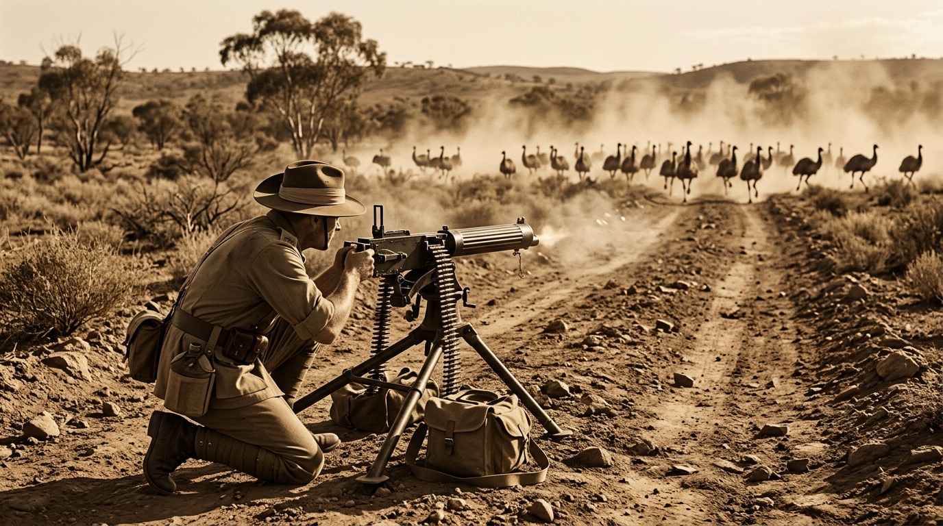 Soldat australien avec mitrailleuse pourchassant des émeus en 1932