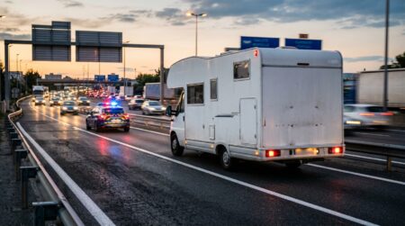 Camping-car filant sur une voie d'urgence de nuit