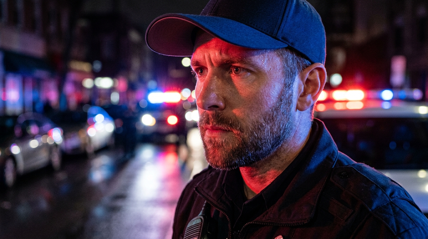 Policier concentré durant une course-poursuite nocturne