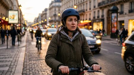 Personne inquiète conduisant une trottinette électrique en ville