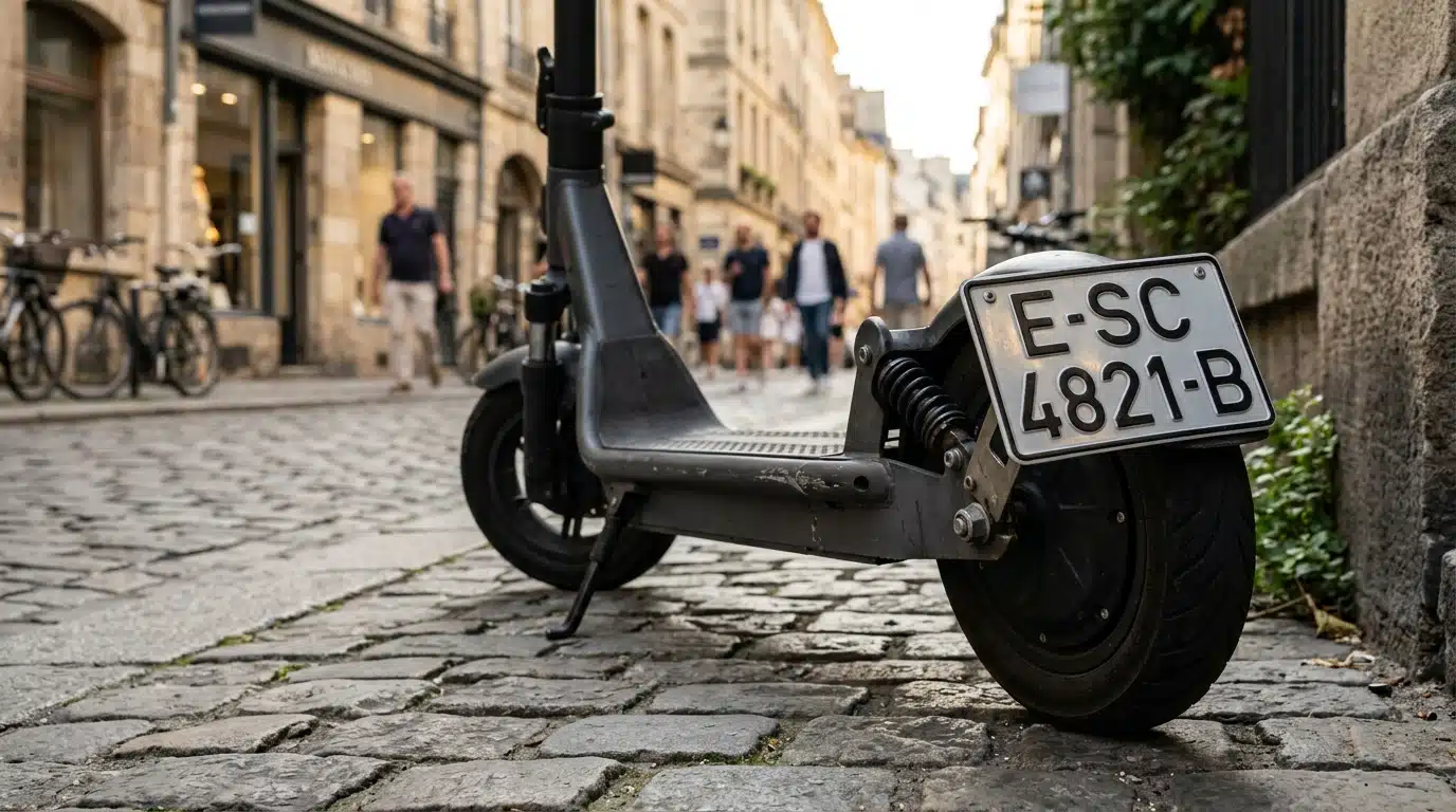 Trottinette électrique avec plaque d'immatriculation visible