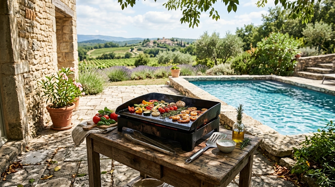 Terrasse en pierre avec plancha et piscine extérieure en Périgord