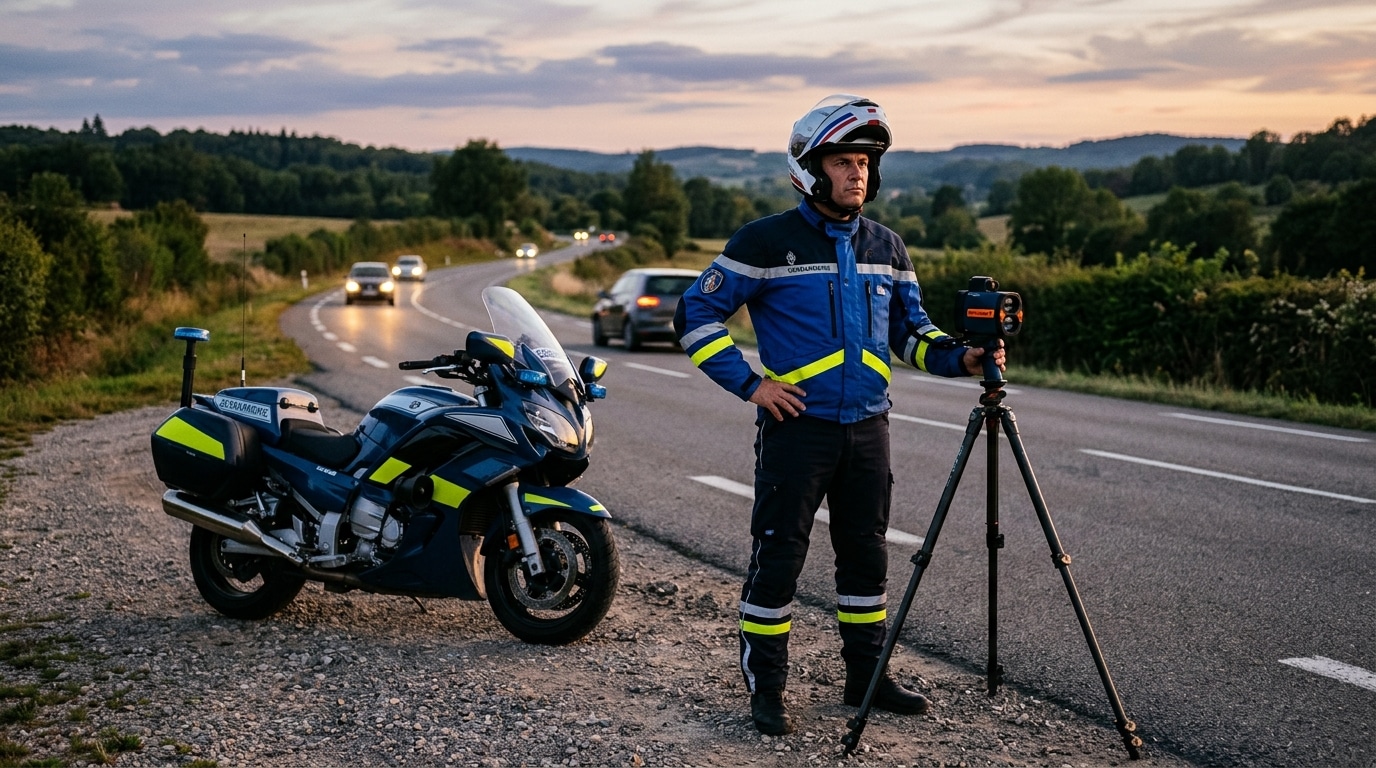 Gendarme motard avec radar sur route bretonne